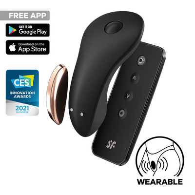 Satisfyer Little Secret Panty Vibrator with app store and CES innovation award logos on a white background