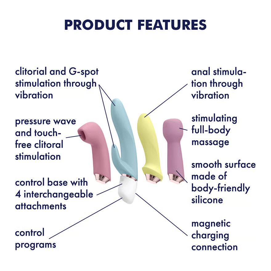 Product features of Satisfyer Marvelous Four Vibrator with colorful attachments on a white background.