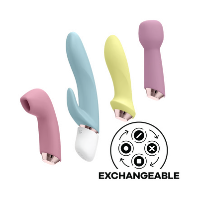 Four colorful exchangeable vibrator handles on a white background with an 'Exchangeable' icon.