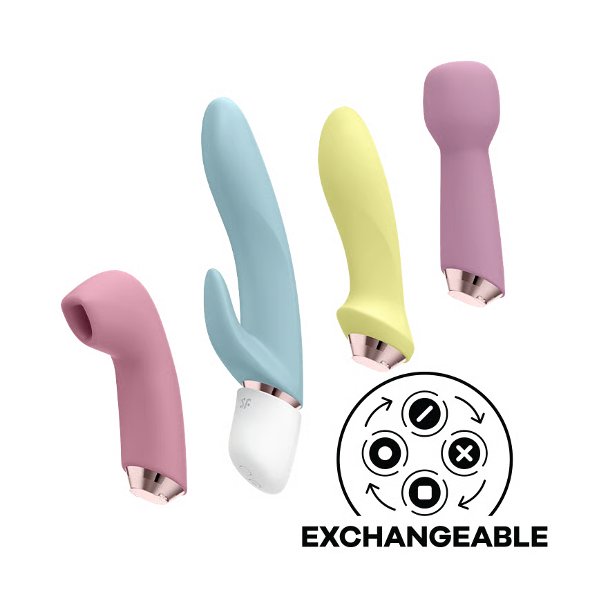 Four colorful exchangeable vibrator handles on a white background with an 'Exchangeable' icon.