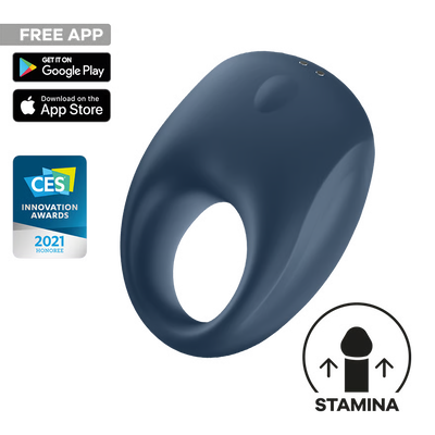 Navy blue Satisfyer Strong One Vibrating Cock Ring with app icons and branding on a white background