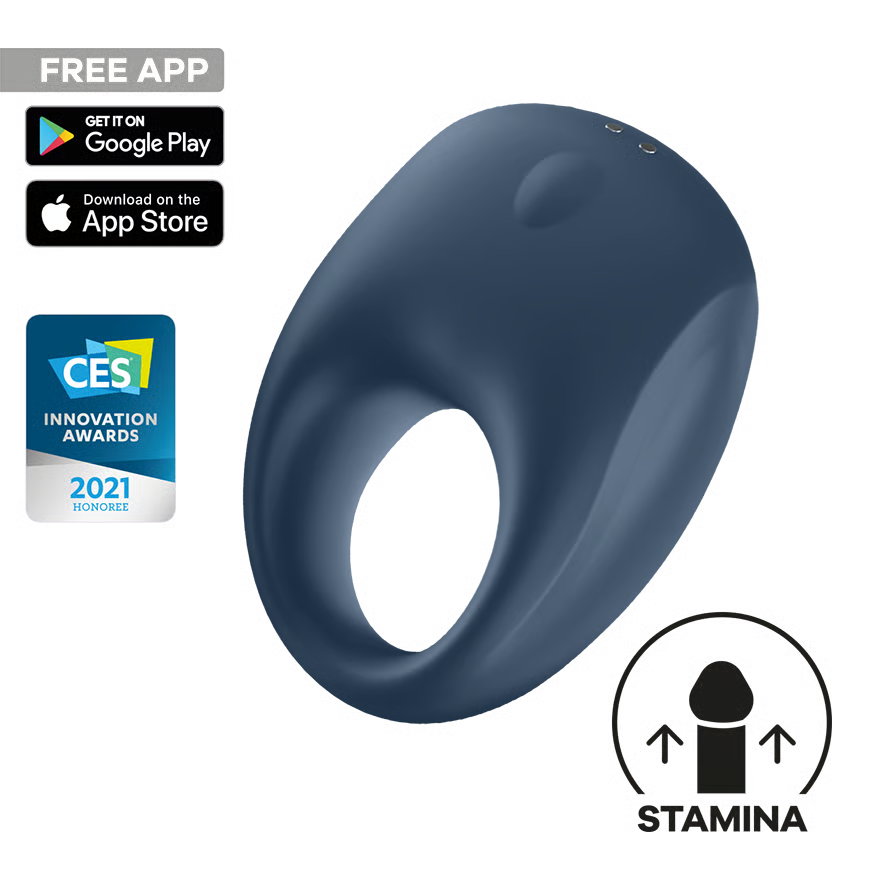 Navy blue Satisfyer Strong One Vibrating Cock Ring with app icons and branding on a white background