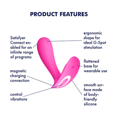 Satisfyer Top Secret with labeled features on a white background