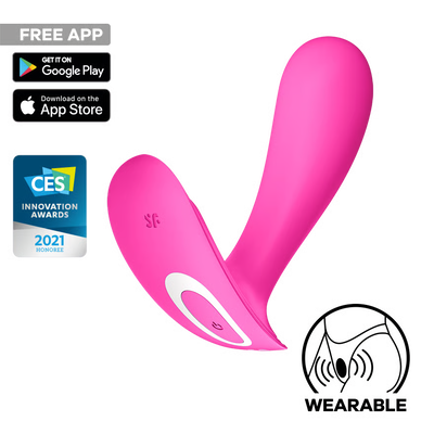 Pink wearable Satisfyer Top Secret with CES Innovation Award badge on a white background