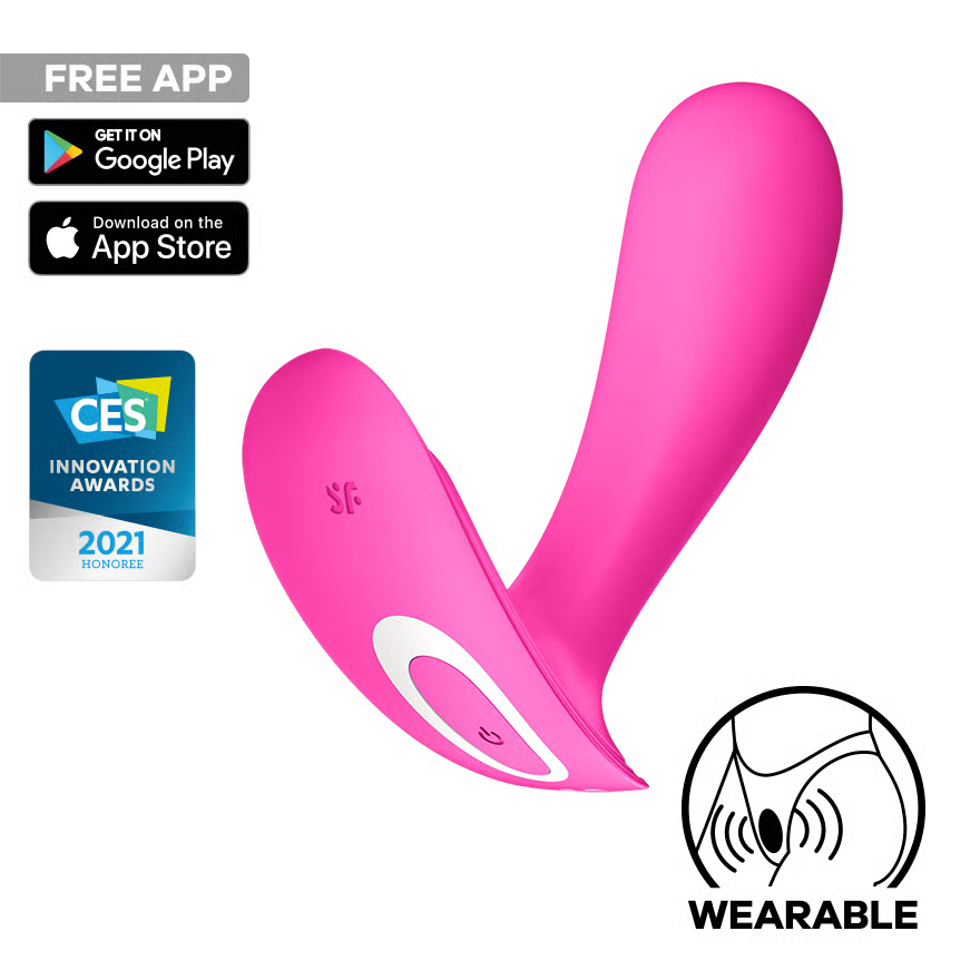 Pink wearable Satisfyer Top Secret with CES Innovation Award badge on a white background