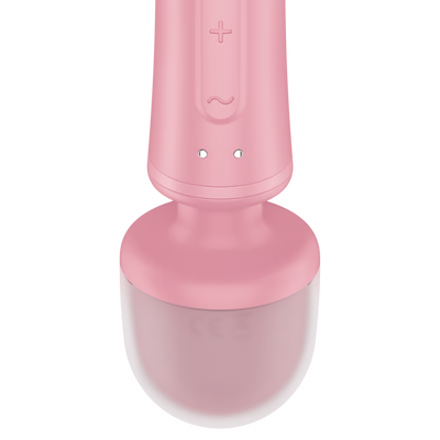 Pink electronic Satisfyer Triple Lover with a clear base on a white background