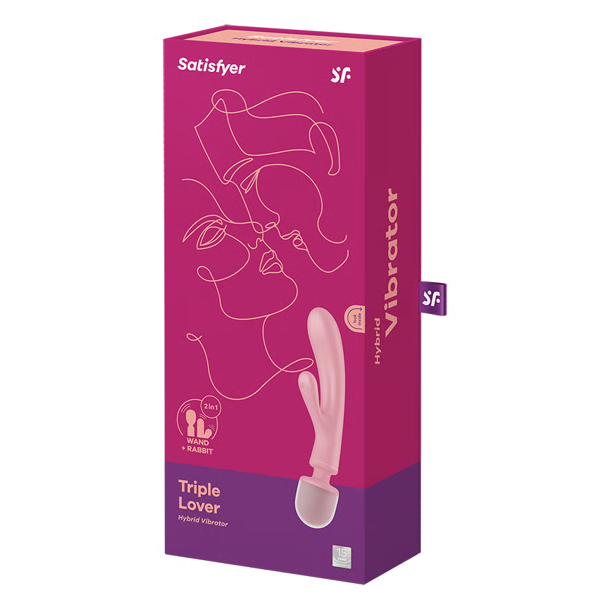 Pink packaging of a Satisfyer Triple Lover vibrator on a white background