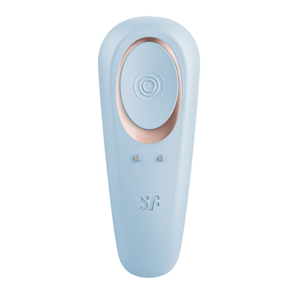 Light blue satisfyer double classic partner vibrator with a circular rose gold accent on a white background