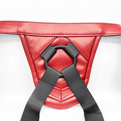 Red leather strap on harness with black straps on a white background