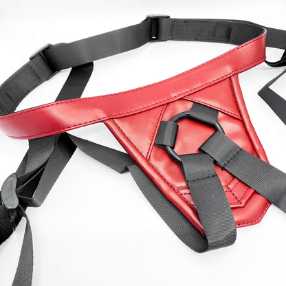 Red leather strap on harness with black straps on a white background