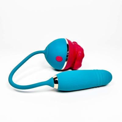 Blue and pink silicone telescopic vibrator on a white background