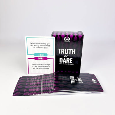 Truth or Dare card game packaging with cards displayed on a white background