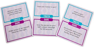 Three 'Truth or Dare' cards with humorous and explicit questions on a white background.