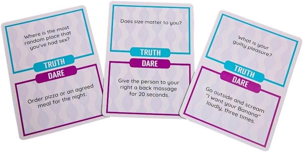 Three 'Truth or Dare' cards with humorous and explicit questions on a white background.