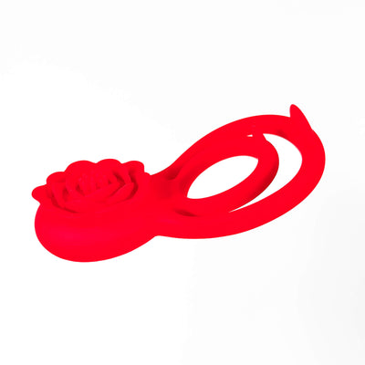 Red vibrating rose cock ringl with a rose on a white background