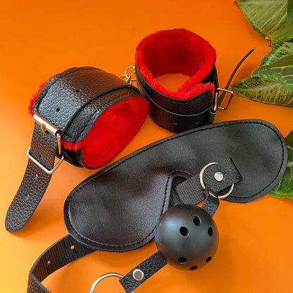 Blindfold, Mouth Gag & Cuffs Set (3 pieces)