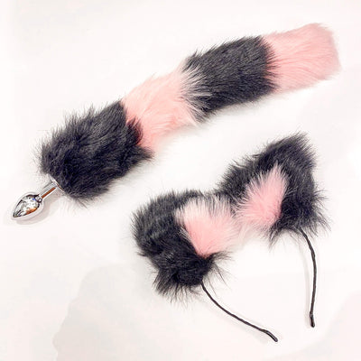 black and pink  fox tail and ears set