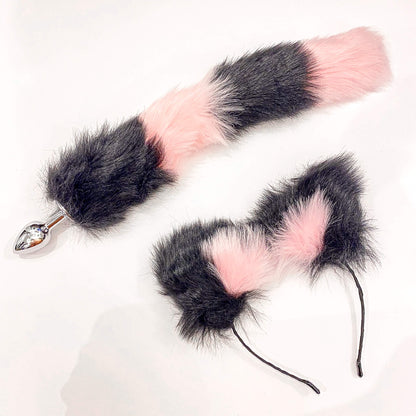 black and pink  fox tail and ears set