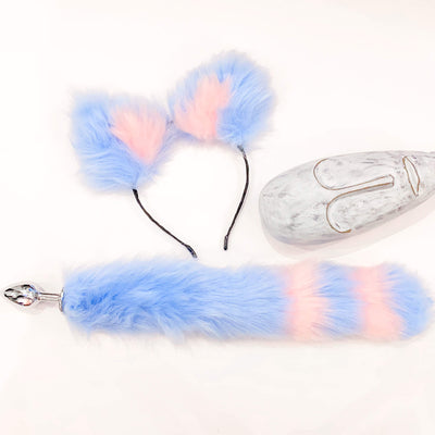 blue and pink  fox tail and ears set