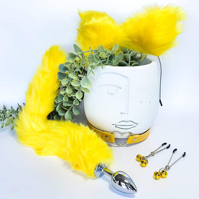 yellow fox tail anal plug and collar set